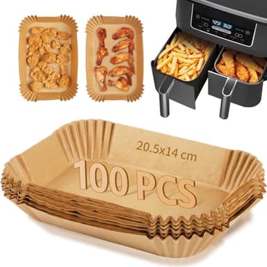 Papier Cuisson pour Ninja Air Fryer, 100 Pièces Rectangulair 20,5x14cm Paper Liners Friteuse Sans Huile Accessoires,Compatible Avec Ninja AF300EU AF400EU et Ninja Foodi Dual Zone Double Stack