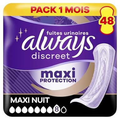Always Discreet Extra Secure, Serviettes Pour Incontinence ou Fuites Urinaires, Fuites Importantes, Format Eco, 7 Gouttes, Ultimate Night, 48 Pochettes Individuelles (4 x 12 unités)