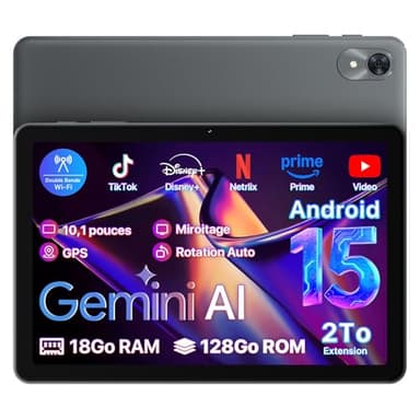 OYEFIT Tablette Android 15 10 Pouces avec Gemini AI, 18Go+128 Go(Extensible à 2 to) Tablette Tactile, Processeur 2.0 GHz, 5G WiFi 6 Tablet, Écran IPS HD 1280x800, 5000 mAh, Radio FM/GPS/Bluetooth