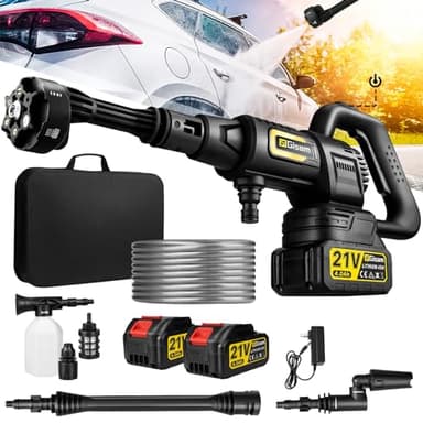Nettoyeur Haute Pression sur Batterie, Gisam Pressure Washer Portable, 3 Vitesses Mode Max 65Bar, 2x4.0 Ah Batteries, 6-en-1-buse, Buse à 180°, Pulvérisateur de Mousse, 5M Tuyau | Irrigation Propre