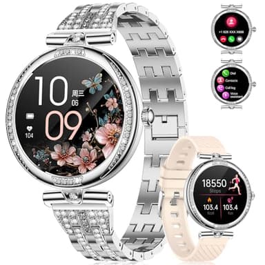 LIGE Montre connectée Femme Appels Bluetooth pour Android iOS 1,19" AMOLED Argent Acier Inoxydable Diamant Smartwatch Petite,Fréquence Cardiaque,Moniteur de Sommeil,Podomètre,Calories,100+ Mode Sport