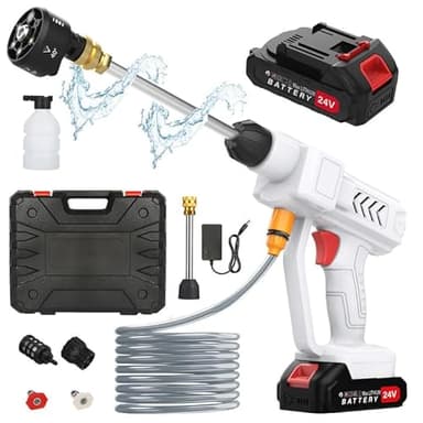 Nettoyeur Haute Pression avec Buse 6 en 1, 260 PSI Nettoyeur Haute Pression sans Fil avec 2 Batteries, avec Tuyau de 5M, Pot en Mousse, Adapté pour Nettoyer Les Voitures, Sols