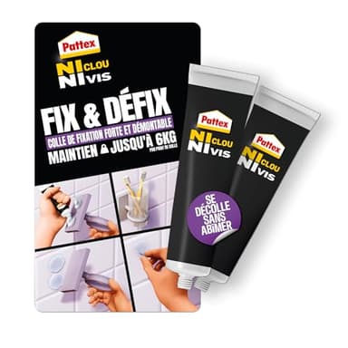 Pattex Colle Ni Clou Ni Vis Fix & Défix (2 tubes de 44 g) – Colle de fixation forte et démontable avec maintien jusqu'à 6 kg – Se décolle sans abîmer et résiste à l'eau