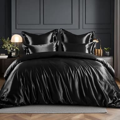 RUIKASI Parure de lit en satin 200x220 Noir - Ensemble de housse de couette de luxe soyeux avec un éclat comme la soie pour les cheveux et la peau, Parure de lit brillante 200x220cm avec fermeture