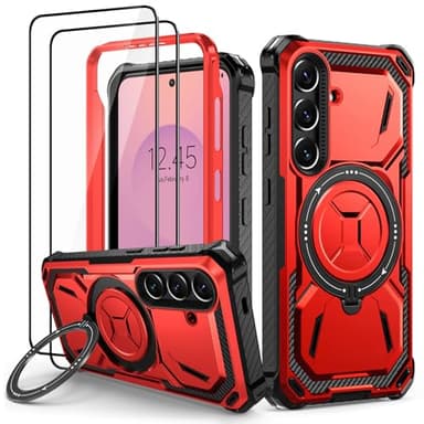 Lanhiem Coque pour Samsung S25 avec 2 Verre Trempé, Antichoc Étui de Militaire Protection, Anneau Support Renforcée Armure Etui pour Samsung Galaxy S25 Housse, Rouge