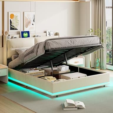 LIVLUX Lit Coffre 160 x 200 cm avec Éclairage LED et Port USB,lit Double rembourré avec Rangement et Tete de lit,2 Personnes pour Adultes et Adolescents,Velours (Beige, 160 x 200 cm)