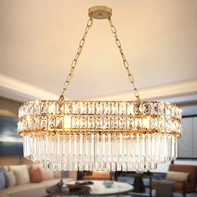 AOOCHOK Lustre Moderne en Cristal Luminaire Finition or, Lampe Pendante Ovale en Cristal, Pour Salon, Salle À Manger, Restaurant, E14 X 8, 75 x 33 cm