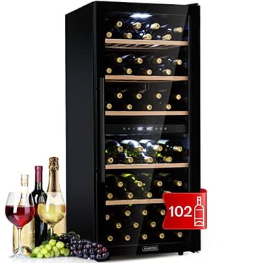 Klarstein Cave a Vin, Réfrigérateur à Vin avec Porte en Verre, Cave à Vin de Vieillissement, Prosecco, Bière, Ecran Tactile, Réfrigérateur Bar, Frigo, Protection UV, 5-18°C, 102 Bouteilles