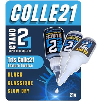 TRIS Super Glue Universelle - 1 Colle21 Black cyano 21g - 1 Colle Cyano Multi usage classique 21g - 1 Colle Slow Dry - Multi-usage sur tous matériaux