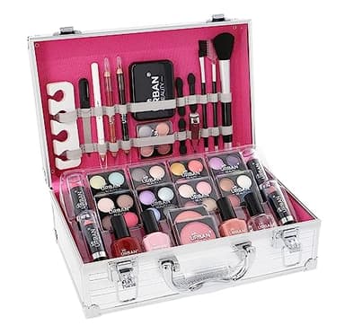 LOVE URBAN BEAUTY Essentials Trousse de maquillage végétalienne – Ensemble de maquillage végétalien de 64 pièces pour adolescents – Boîte argentée élégante – Design compact et léger