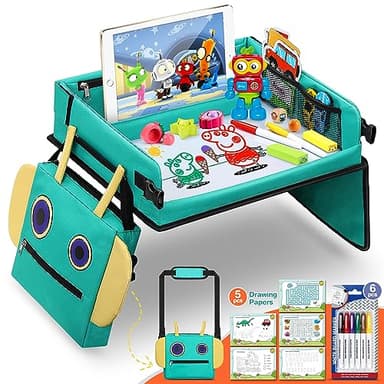COOLJOY Plateau de Voyage Enfant Voiture, Sac à Dos Robot, Plateau Voiture Enfants, Multifonctionnel Détachable Voyage Extérieur Intérieur, 5 Feuilles de Dessin Éducatives+6 Stylos de Couleur