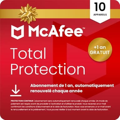 McAfee Total Protection 10 appareils 2026 | Exclusivité Amazon | Antivirus, VPN | Abonnement 1 an avec renouvellement automatique + 1 an de protection supplémentaire GRATUIT | Téléchargement numérique