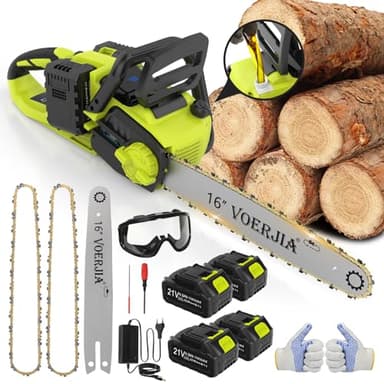 VOERJIA Tronçonneuse à Batterie 16 Pouces, Tronçonneuse Électrique Sans Fil 2200W avec 4×4000mAh Batteries, Moteur Brushless, Graissage Automatique & Frein de Chaîne pour Bois, Bûches et Arbre
