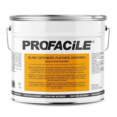 PROFACILE Peinture blanc satin intérieur murs, plafonds, plâtres, fer, bois, radiateur, 2 en 1, Impression et Finition 10 litres