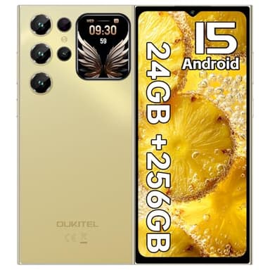 OUKITEL C62 Pro Smartphone Pas Cher Android 15, 24(8+16)GO +256GO/1TO, 6,88" HD+ & 1.81" Arrière Écran, Telephone Portable Pas Cher Batterie 5150mAh, 13MP+5MP, Téléphone Gaming 4G Dual SIM/GPS/FNC-Or