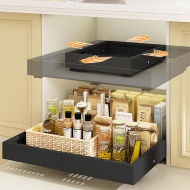 Mointal Lot de 2 Tiroirs Coulissants Cuisine-4 directions extensibles, Largeur 32–53 cm & Profondeur 41,5–61 cm, Tiroir Télescopique Métallique, Organisateur d'Armoire, Montage Adhésif/Vis, Noir