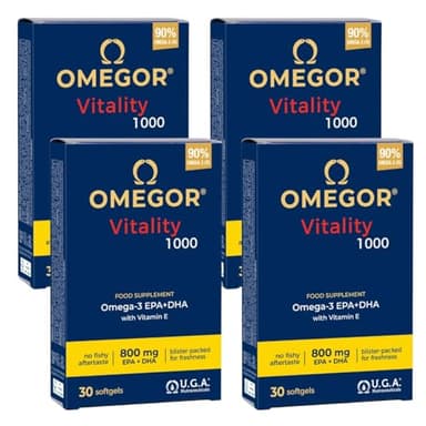 Huile de poisson Omegor Vitality 1000 avec 800 mg d'EPA et de DHA par capsule | Le seul Oméga 3 IFOS certifié 5 étoiles depuis 2006 | 90% d'oméga-3 rTG | 30 gélules x 4