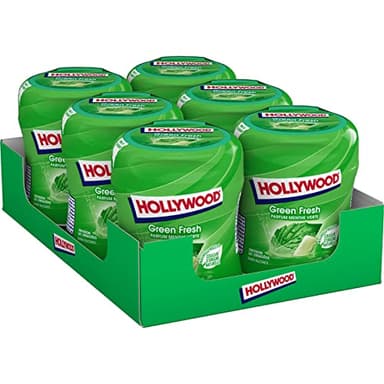 Hollywood Chewing Gum Green Fresh - Parfum Menthe Verte - Sans Sucres avec Édulcorants - Lot de 6 boîtes de 60 dragées (87 g)