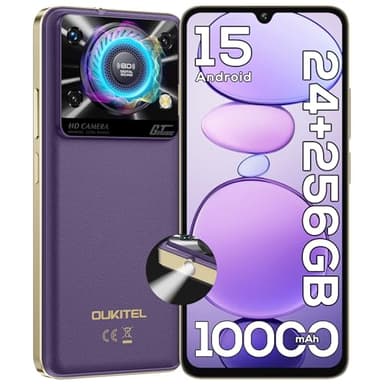 OUKITEL C60 Pro Telephone Portable Android 15-24GO RAM+256GO ROM, Smartphone Pas Cher 10000mAh/18W, Écran 6.88" HD+ 90Hz, Téléphone Gaming 110dB Haut-Parleur, 120 Lumens/4G Dual SIM/NFC/GPS,Violet