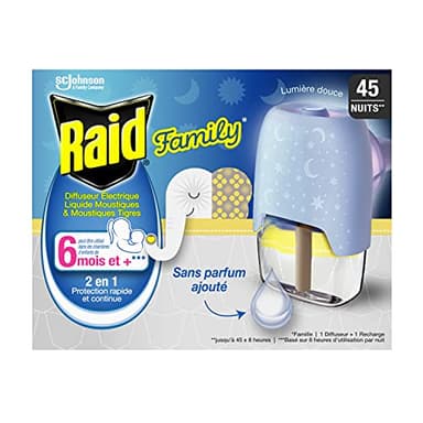 RAID FAMILY DIFFUSEUR ÉLECTRIQUE LIQUIDE MOUSTIQUES & MOUSTIQUES TIGRES, 1 DIFFUSEUR + 1 RECHARGE 45 NUITS, 27 ml