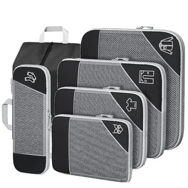 Noir Organisateur Valise Rangement Valise, Lot de 6 Ultraléger Extensible Organisateur, Packing Cubes Compression Sac Compression