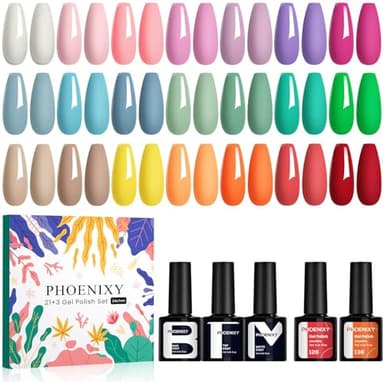 Phoenixy 21 Couleurs Vernis Semi Permanent, 24 Pcs Vernis Gel U V Semi Permanent avec Base et Top Coat Brillante et Mat Kit Ongle Gel U V Complet pour Débutant Petit Style Frais