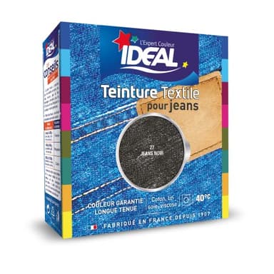 IDEAL - Teinture Tissus Liquide Maxi 27 Jean Noir - 75 ml + 1 Dose de Fixateur 100 g - Teinture Textile Longue Tenue - Coton, Lin, Soie, Viscose - Efficace dès 40°C - Fabrication Française