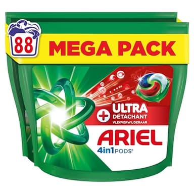 Ariel Pods 4en1 +Ultra Détachant, Lessive en Capsules, 88 Lavages (44x2), Élimine Même les Tâches Incrustées Depuis 7 Jours, Dissolution Rapide Même à Froid, Fabriqué en France