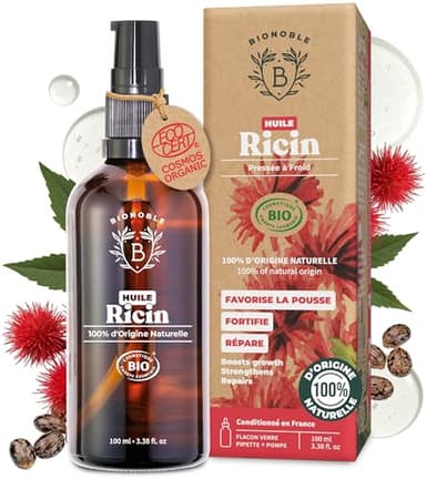 BIONOBLE Huile de Ricin Bio Pressée à Froid, 100% Naturelle - Favorise la Pousse, Répare - Huile de Ricin pour Cheveux, Cils, Sourcils - Castor Oil - Flacon Verre, Pipette, Pompe - 100ml