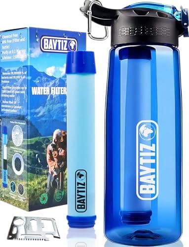 BAYTIZ ® Gourde Filtrante + Paille de Survie au Charbon Actif - Bouteille Filtre à Eau Nomade : Voyage Randonnée Trek Camping Kit Purificateur Réutilisable Plastique Sac Pluie Catastrophe
