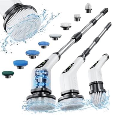 Brosse Electrique Nettoyage Rotative, Brosse de Nettoyage sans Fil avec 8 Têtes de Brosse Remplaçables, Electric Spin Scrubber avec Poignée Réglable de 137cm pour Salle de Bain Cuisine Voiture