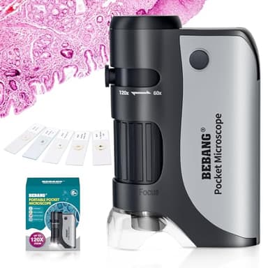 BEBANG Microscope de Poche Portable 60x~120x pour Enfants avec Zoom éclairé par LED, Microscope Portable pour Enfants, étudiants, Adultes (Noir (60X-120X))
