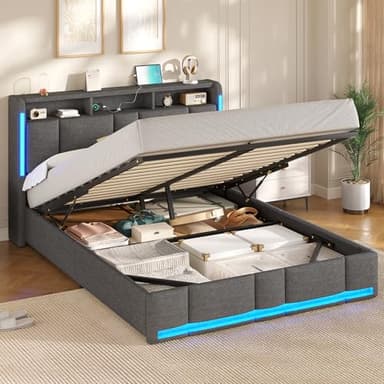 AOGLLATI Lit Coffre 160x200 CM, Lit Double avec LED et Ports USB, Cadre de lit avec Tête de Lit capitonné et Rangement, Lattes en Bois, Lin Gris Foncé(sans Matelas)
