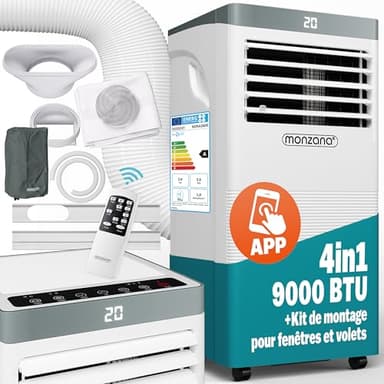 Monzana® Climatiseur Mobile MZKA1000 4en1 Rafraîchisseur d'air 9000 BTU/h Déshumidificateur Ventilateur WiFi App Alexa