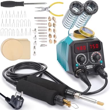 YIHUA 939D-VII Outil de pyrogravure, kit de pyrogravure sur bois station 2-en-1 Pointe Solide 200-480°C (avec affichage de température) / Pointe à Fil 250-750°C avec 23 pointes, 25 pointes solides