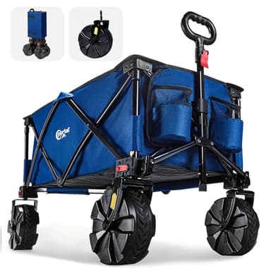 PORTAL Chariot de Plage Pliable, Chariot de Transport à roulettes Tout Terrain Poignée Réglable Charrette pour Extérieur Camping Pique-Nique avec Roue Amovibles de 20 cm