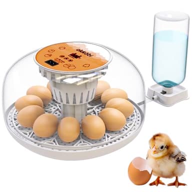 M12 Couveuse Oeuf Automatique - Contrôle Humidité, Réglage Température, Couveuse Automatique 12/24 œufs - Incubateur Auto - Vue 360°, facile à utiliser et nettoyer - Blanc et Orange