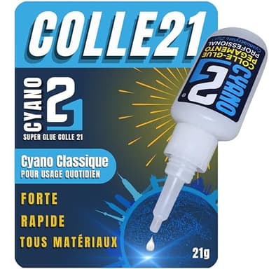 Super Glue Cyano Colle21 21g | Colle Extra-Forte Grand Format – Séchage Ultra-Rapide – Collage Précis & Multi-Matériaux – Formule Fluide et Longue Durée