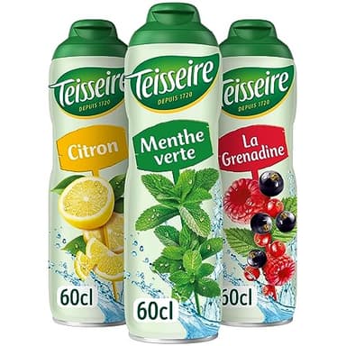 Lot de 3 sirops Teisseire (Menthe, Citron, Grenadine) pour Boisson Rafraîchissante, Cocktails, Bidon Recyclable 3x60cl