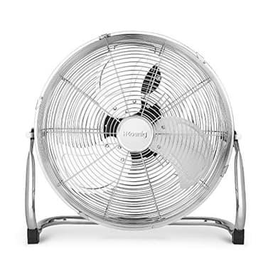 Ventilateur de sol H.Koenig JOE30 Silencieux, Design métal chromé, 40 cm, Haute vitesse, Résistant, 3 vitesses de ventilation, Tête inclinable, Maison/Bureau/Garage, Pieds antidérapants, Puissant 100W