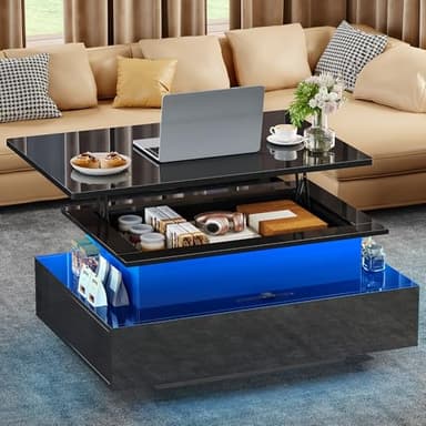 YITAHOME Table Basse Relevable, Table de Salon Rectangulaire avec 16 LED colorées Moderne et 2 Tiroirs, Surface avec Lumière Elevée