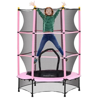 HOMCOM Trampoline Enfant Ø 1,40 × 1,90H m Filet de sécurité Porte zipée Couvre-Ressorts 6 poteaux rembourrés Inclus Rose