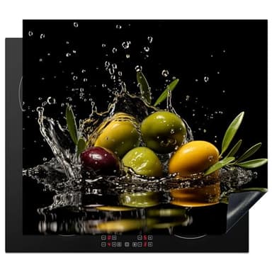 KitchenYeah© Protection Plaque Induction 60x52 cm Protege Deco Gadget Cuisine Cache Protège De Cuisson Accessoire Olives - Vertes - Eau - Noire