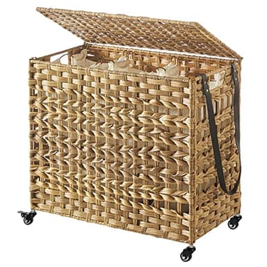 SONGMICS Panier à Linge tissé à la Main, Corbeille à Linge Imitation rotin, Mobile, 3 Compartiments de tri, Couvercle, poignées, Sacs Amovibles, Salon, Salle de Bain, buanderie, Marron LCB083N01