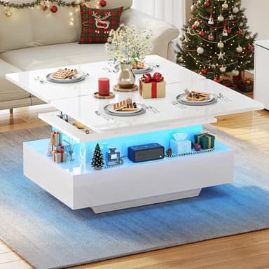 YITAHOME Table Basse Relevable Extensible, Haut Brillant Table de Salon avec LED Moderne et 2 Tiroirs, 4 en 1 Table Basse Transformable pour Le Salon