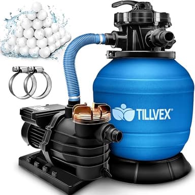 tillvex Système de Filtre à Sable 10m³/h + 800g Boules de filtre – 7 Fonctions de Filtration | Filtre de Piscine avec indicateur de pression | Filtre à sable pour bassins & piscines