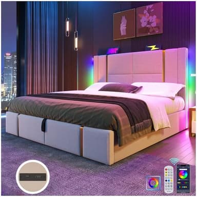 Sapgaks Lit Double rembourré avec LED et Port de Charge USB & Type-C,lit Coffre 160x200cm avec Espace de Stockage hydraulique,Cadre de lit 160x200 avec sommier à Lattes en Bois,Lin,Beige