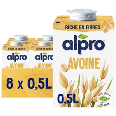 Alpro Avoine, Boisson Végétale Avoine 100% Européenne, Riche en Fibres, Sans Sucres Ajoutés, Sans Lactose, Source de Calcium et Vitamines B2 & D2, Texture Onctueuse, Format Pratique 8x500mL