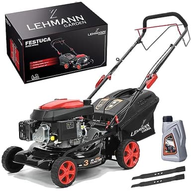 Lehmann LGALM-2642 Tondeuse à gazon à essence avec traction arrière, 146 cm3 2,6 kW, largeur de coupe 42 cm, boîtier en acier robuste, hauteur de coupe réglable sur 5 niveaux 25-70 mm, poignée avec