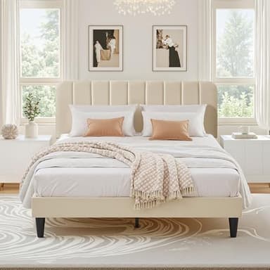 VECELO Lit Double Rembourré 140x190 cm, Support à Lattes en Bois Solide, Tissu Velours, Facile à Assembler, Beige